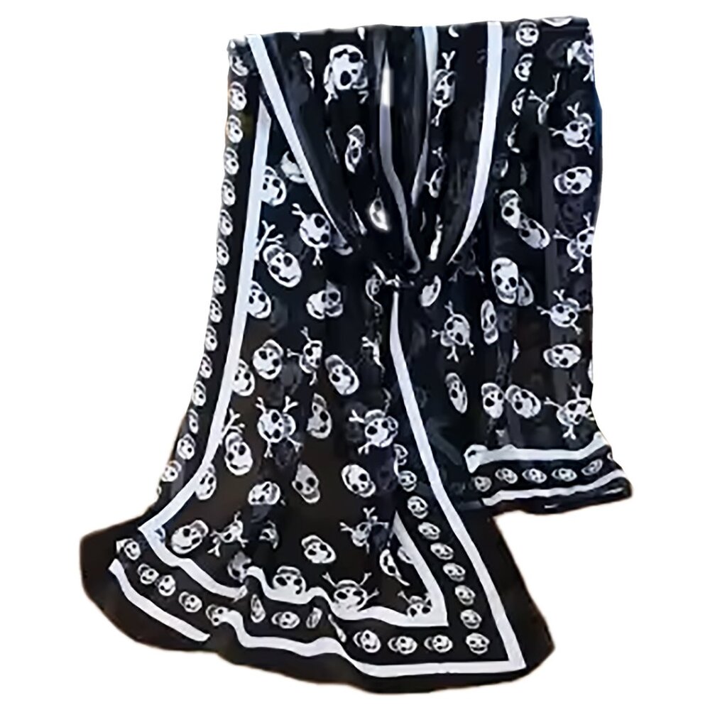NEW Soft Silky Poly Chiffon B/W Long Scarf w/Skull & Stripe Border 19” W…